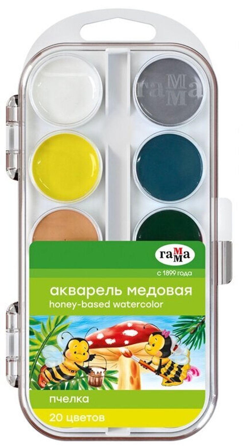 Краски акварельные ГАММА "Пчелка", 20 цветов, медовые, без кисти, пластиковая коробка, европодвес, 212033