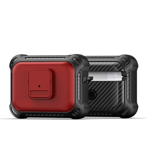 Усиленный чехол с вставками красного цвета от Dux Ducis для наушников Airpods Pro 2, серия PECG Series Case, в комплекте с карабином