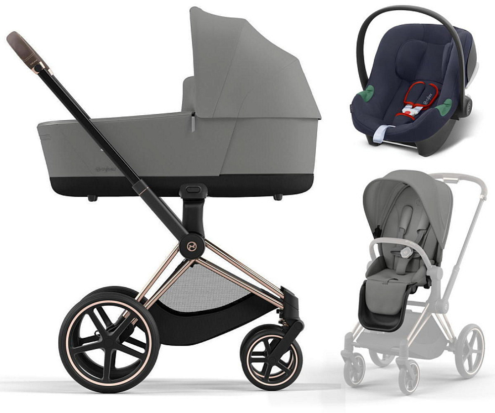 Коляска 3 в 1 Cybex Priam IV Rosegold complete и автокресло Aton B2 i-Size Bay Blue Mirage Grey