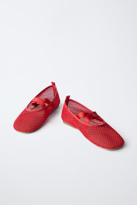 ZARA БАЛЕТКИ ИЗ СЕТЧАТОЙ ТКАНИ, КРАСНЫЙ