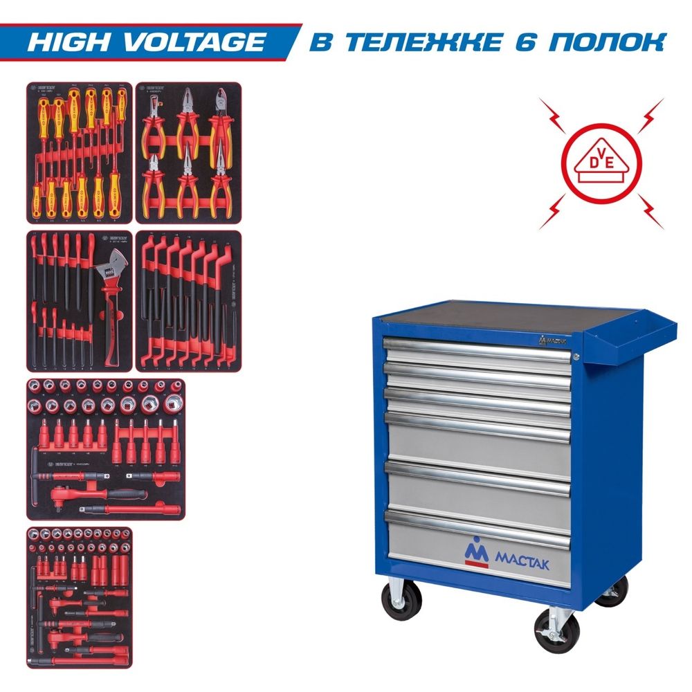 KING TONY (934-117AMBE) Набор инструментов "HIGH VOLTAGE" в синей тележке, 117 предметов