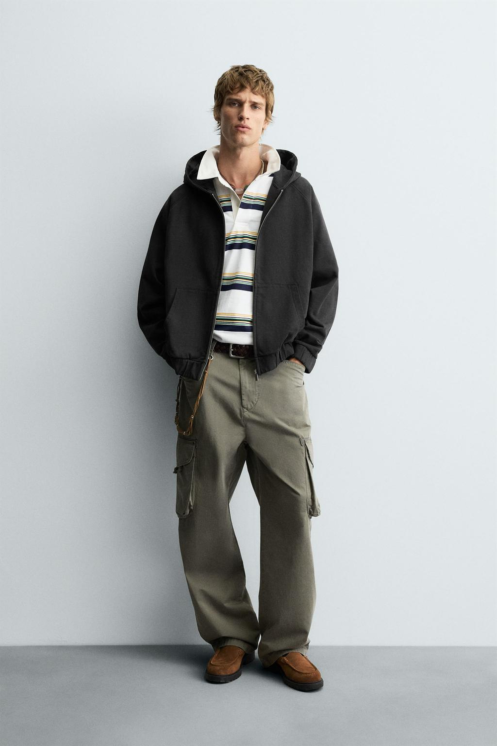 ZARA ХУДИ BOXY FIT С КАПЮШОНОМ, АНТРАЦИТОВЫЙ / ХАКИ