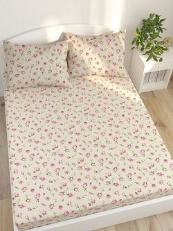 Постельное белье перкаль Сказка "Розовые бутоны на бежевом" семейное Наволочка 50х70 см 2 шт Простынь на резинке 160x200 см Пододеяльник 145x215 см 2шт