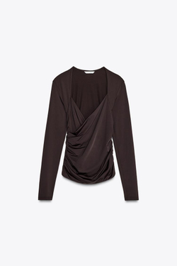 ZARA ТОП ИЗ ПОЛИАМИДА СО СБОРКАМИ, ТЕМНО-КОРИЧНЕВЫЙ