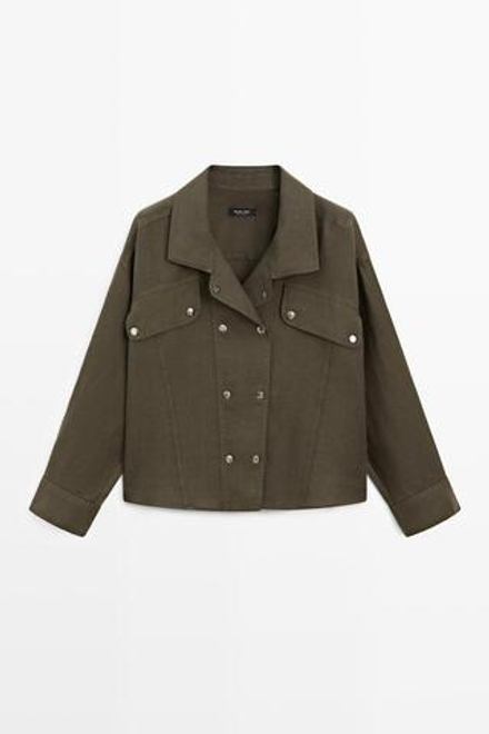 Massimo Dutti Рубашка из 100% льна с кнопками, зеленый
