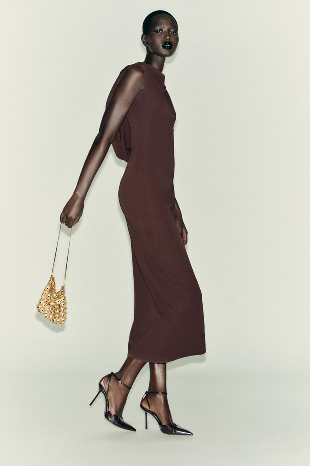 ZARA ПЛАТЬЕ С ОТКРЫТОЙ СПИНОЙ И ЦЕПОЧКОЙ, ШОКОЛАДНЫЙ