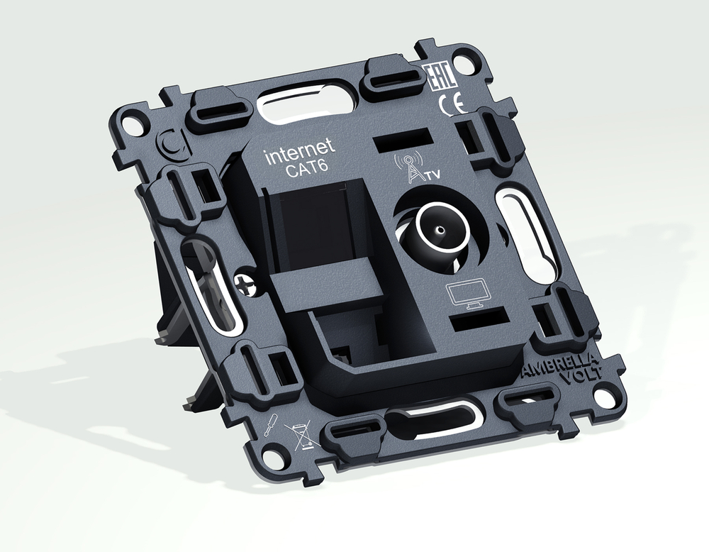 VM195 Механизм розетки компьютерной + TV оконечной RJ-45 (8P8C) CAT6/50-870 MHz 1dB с автоматической защитной шторкой QUANT