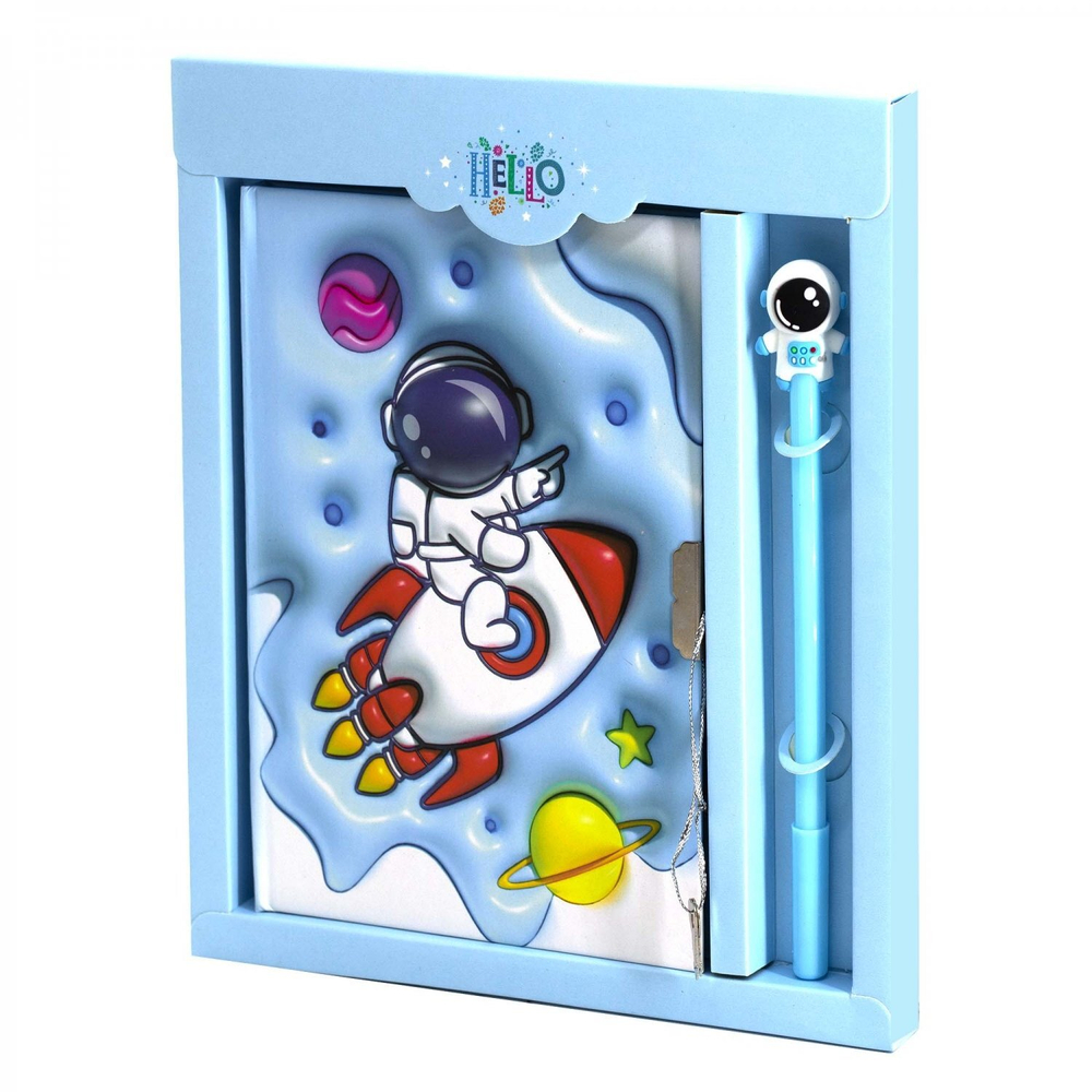 Записная книжка в футляре, 20,0 см * 22,5 см, 7БЦ, Alingar, мат.ламин, эффект 3D, ручка, замочек, клетка, 50 л., "Космос. На ракете"