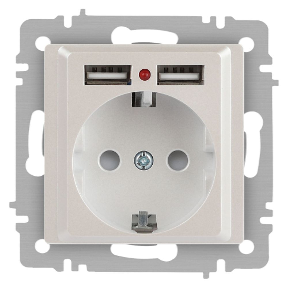 Розетка Intro Accent 6-410-06 , P+E Schuko со шторками, 16А-250В + 2хUSB, IP20, СУ, перламутр | Intro