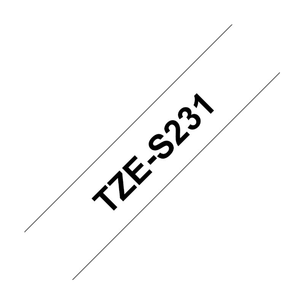 Brother TZES-231 кассета с лентой для печати наклеек повышенной адгезии, чёрный шрифт на белой основе, 12мм*8м