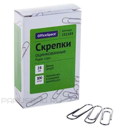 Скрепки канцелярские 28мм, 100шт, оцинкованные, Спейс, картон. упак.