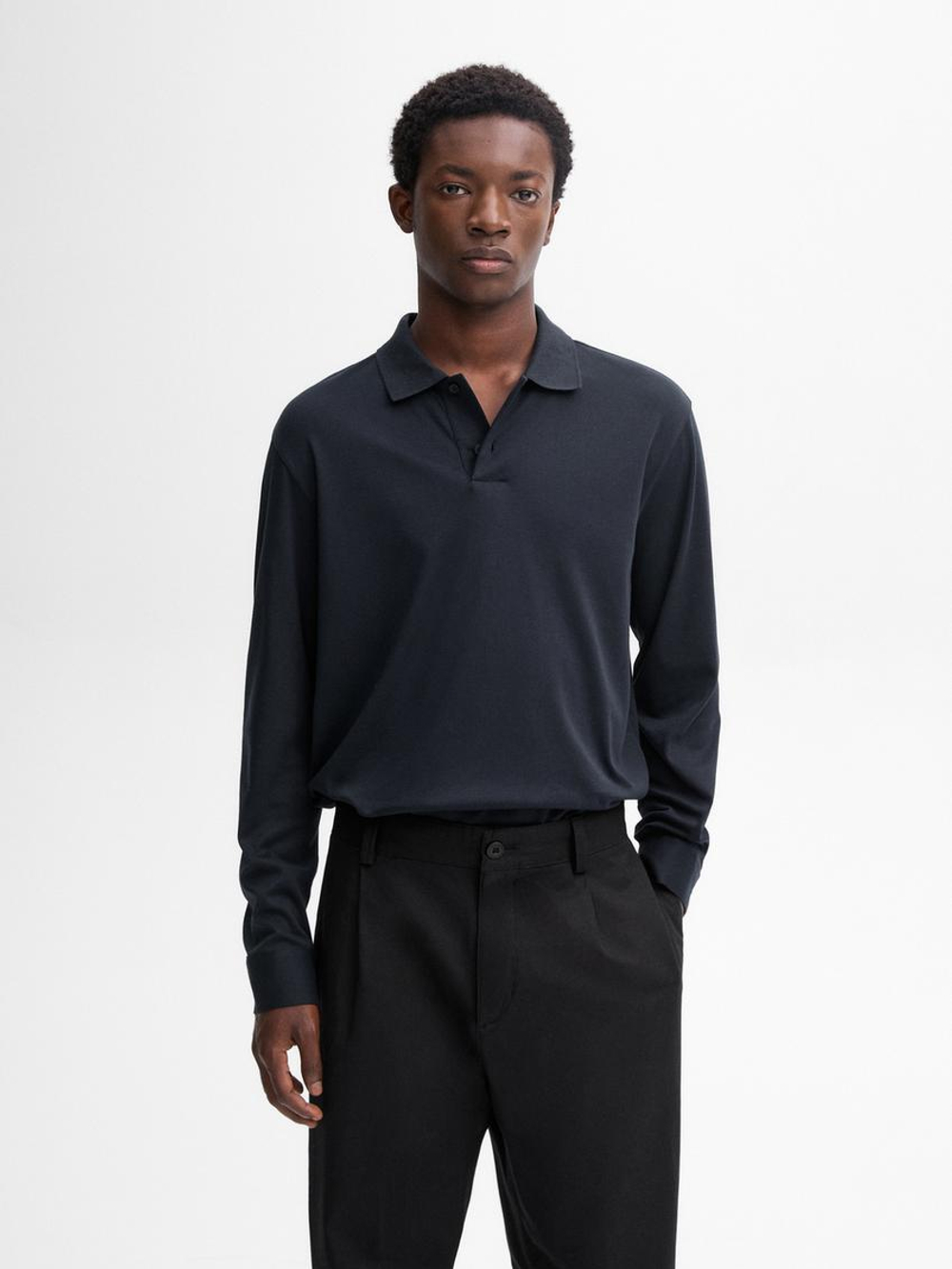 Massimo Dutti Поло из 100% хлопка с длинными рукавами, темно-синий