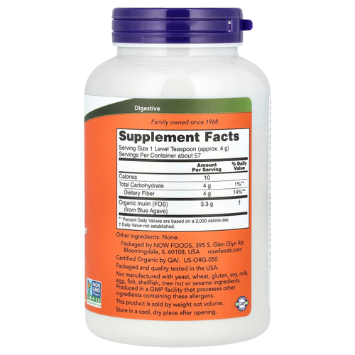 NOW Foods, сертифицированный органический инулин, чистый пребиотик в порошке, 227 г (8 унций)
