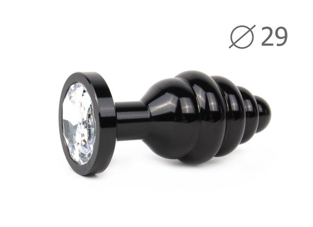 Коническая ребристая черная анальная втулка с прозрачным кристаллом - 7,1 см. (Цвет: прозрачный)