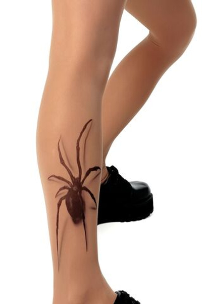 Колготки с принтом в виде паука на правой ножке (Размер: S-M-L) (Цвет: бежевый)