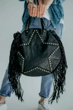 Женская сумка из натуральной вареной кожи с бахромой и заклепками цвет Black