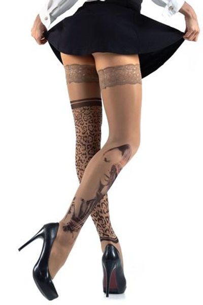 Чулки с девушкой на правой ножке и леопардовым принтом на левой (Размер: S-M-L) (Цвет: бежевый)