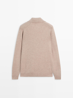 Massimo Dutti Трикотажный свитер поло из 100% шерсти с V-образным вырезом, песочный