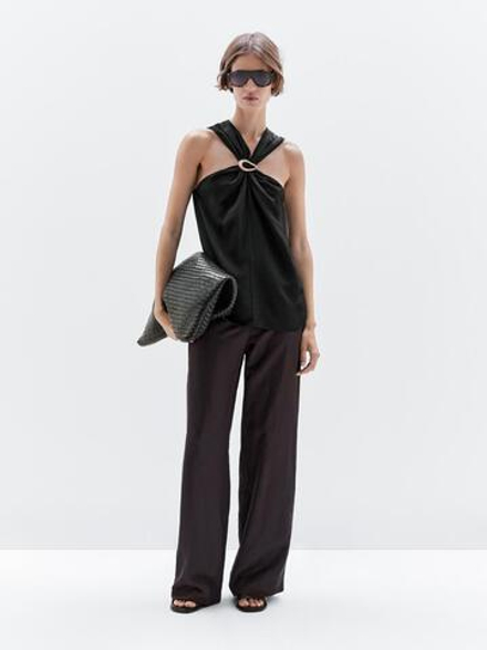 Massimo Dutti Топ с горловиной халтер и отстегивающейся деталью «Брошь», черный