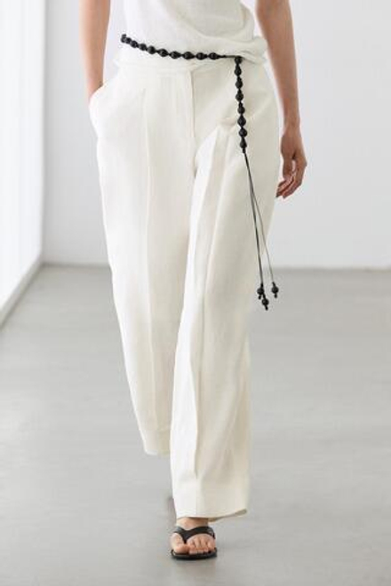 Massimo Dutti Льняные брюки с вытачками и манжетами, экрю