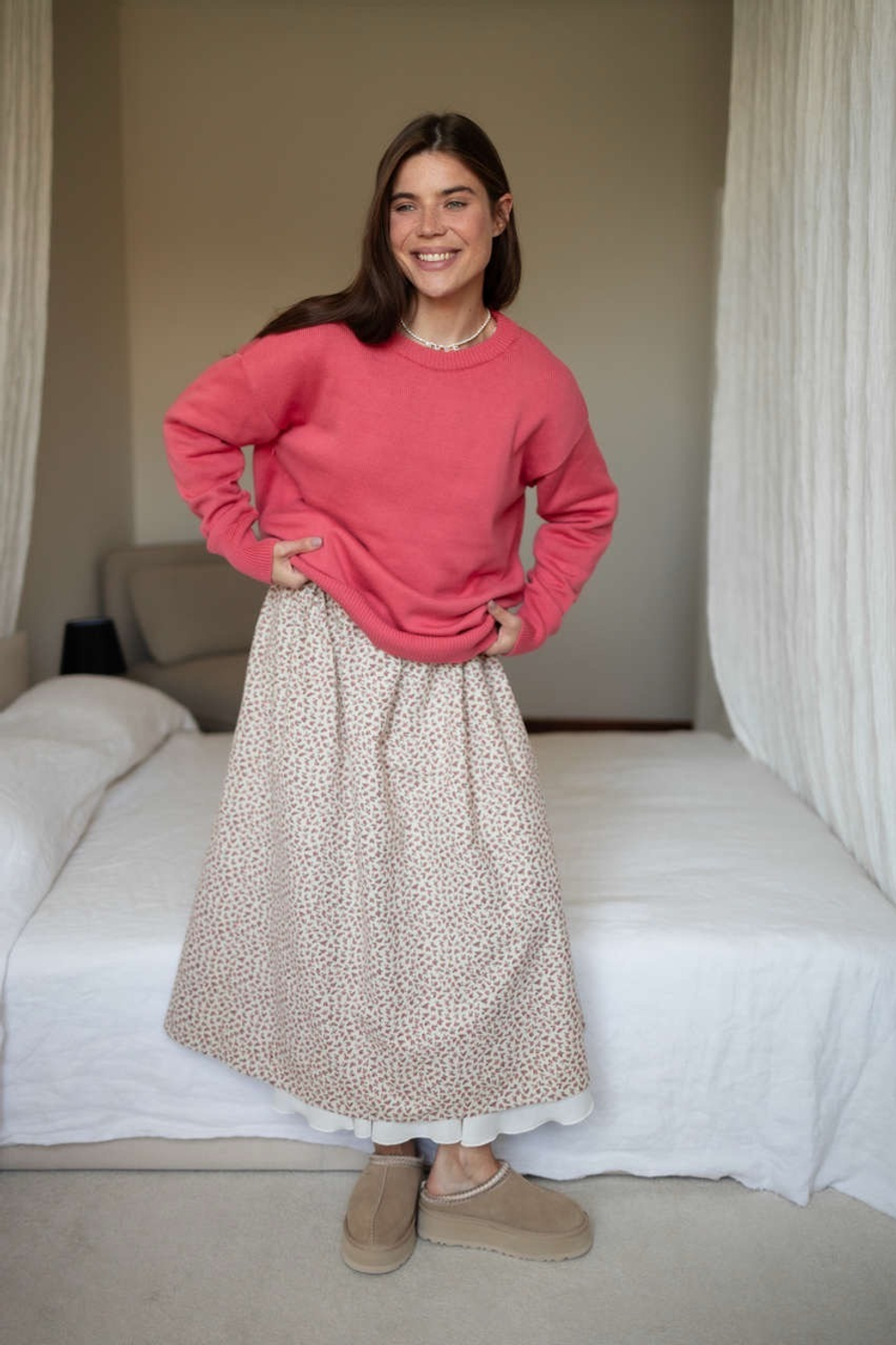 Платье Скарлетт из фланели для беременных и кормящих мам, Кремовый с розовыми цветами