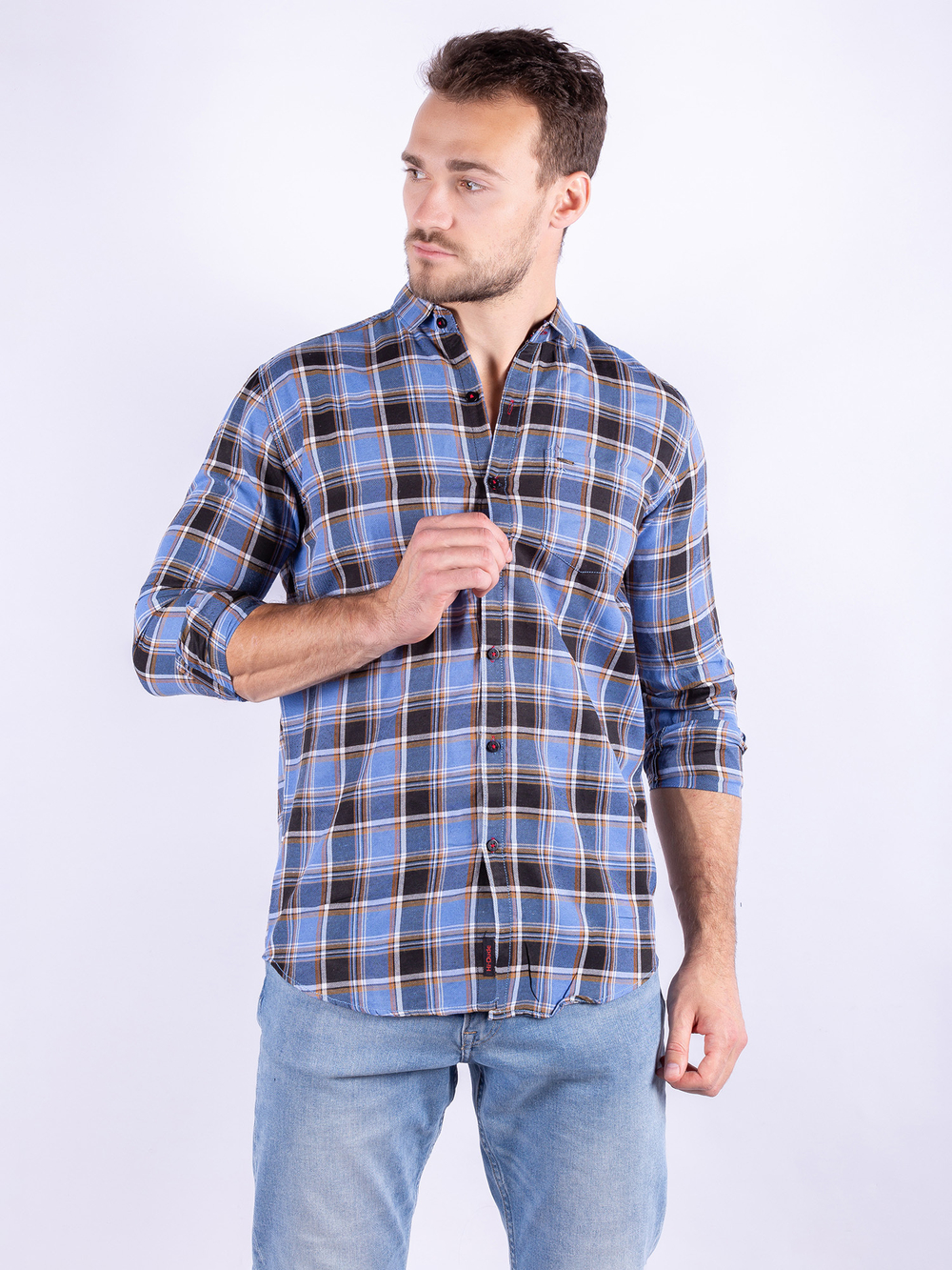 Рубашка мужская SWAN, голубой/беж, MLS 2201