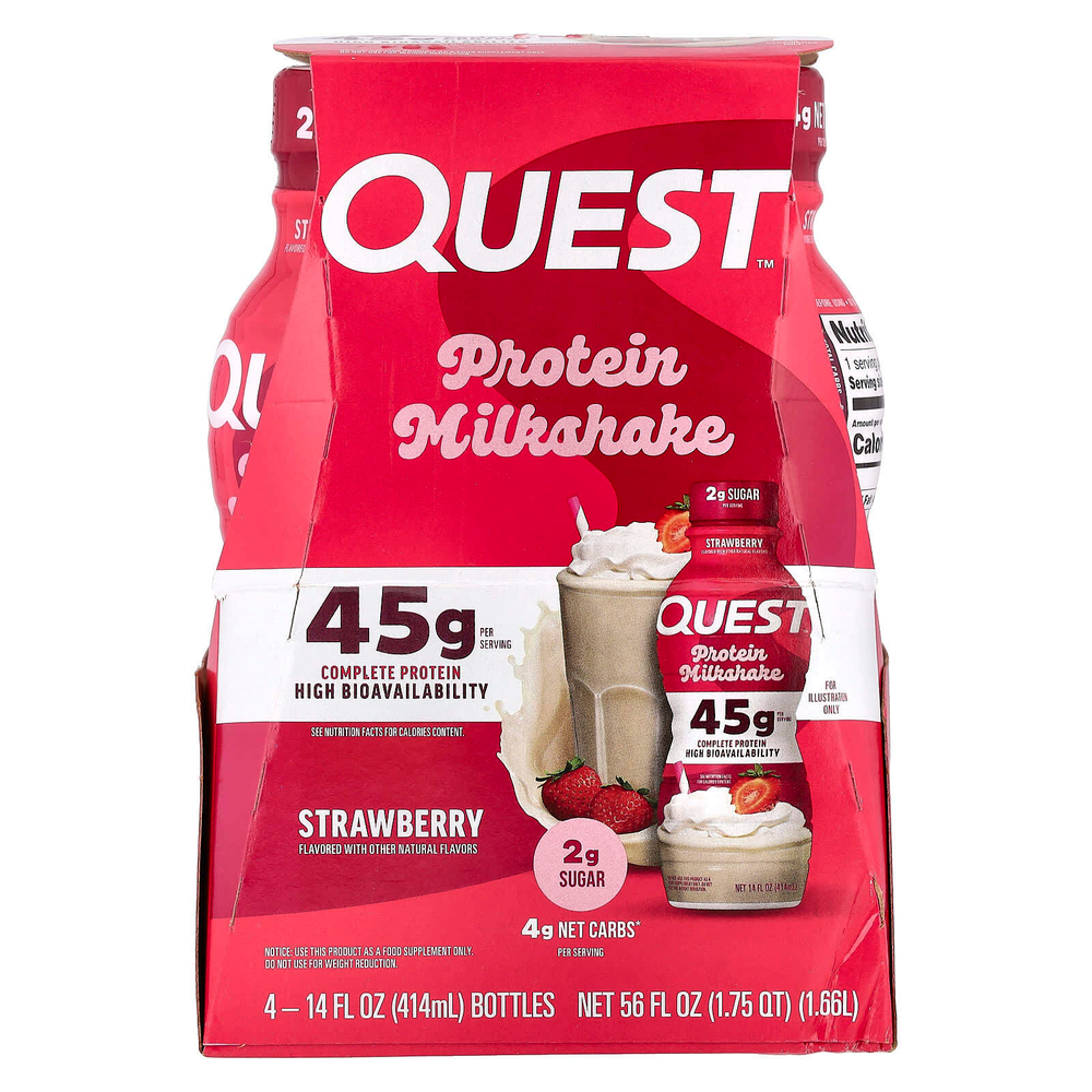Quest Nutrition, Протеиновый молочный коктейль, клубника, 4 флакона по 414 мл (14 жидк. Унций)
