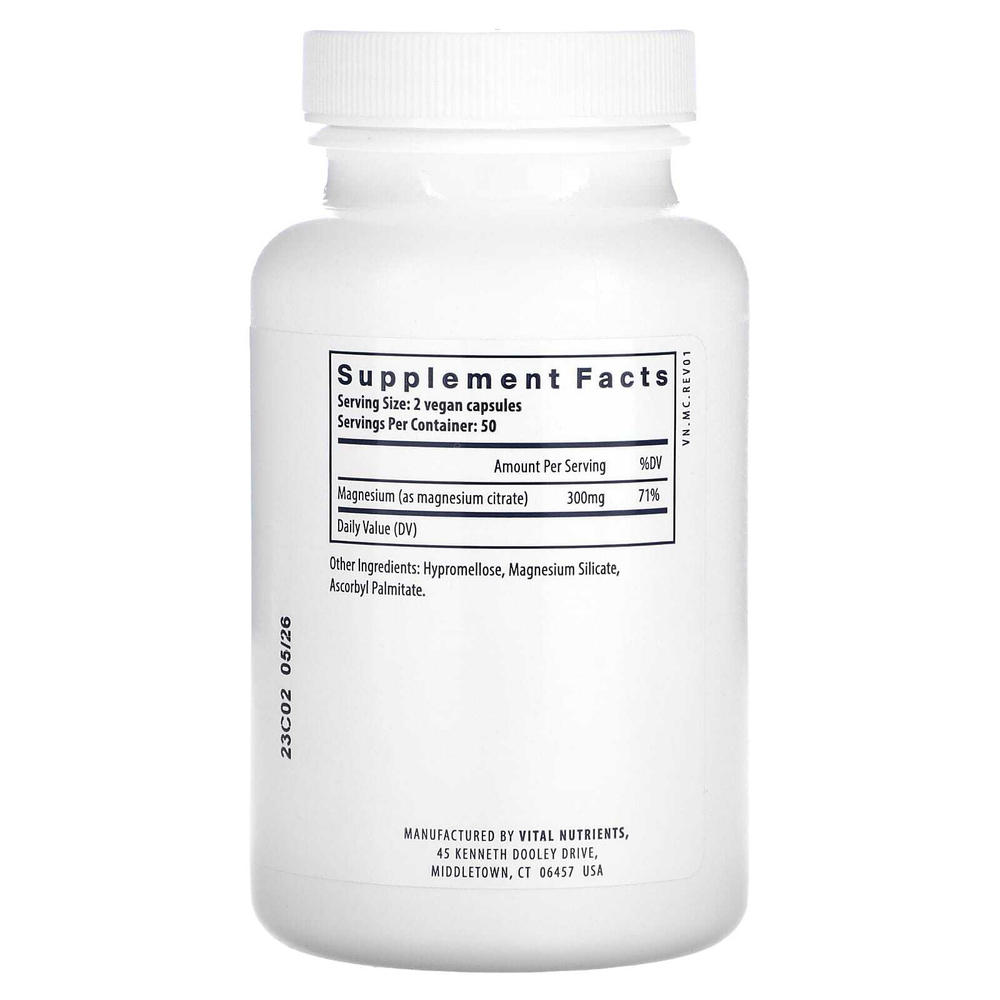 Vital Nutrients, магний (цитрат), 100 веганских капсул (150 мг в 1 капсуле)