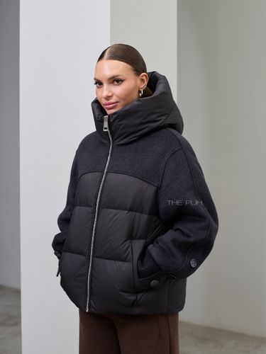 Комбинированный черный пуховик с капюшоном