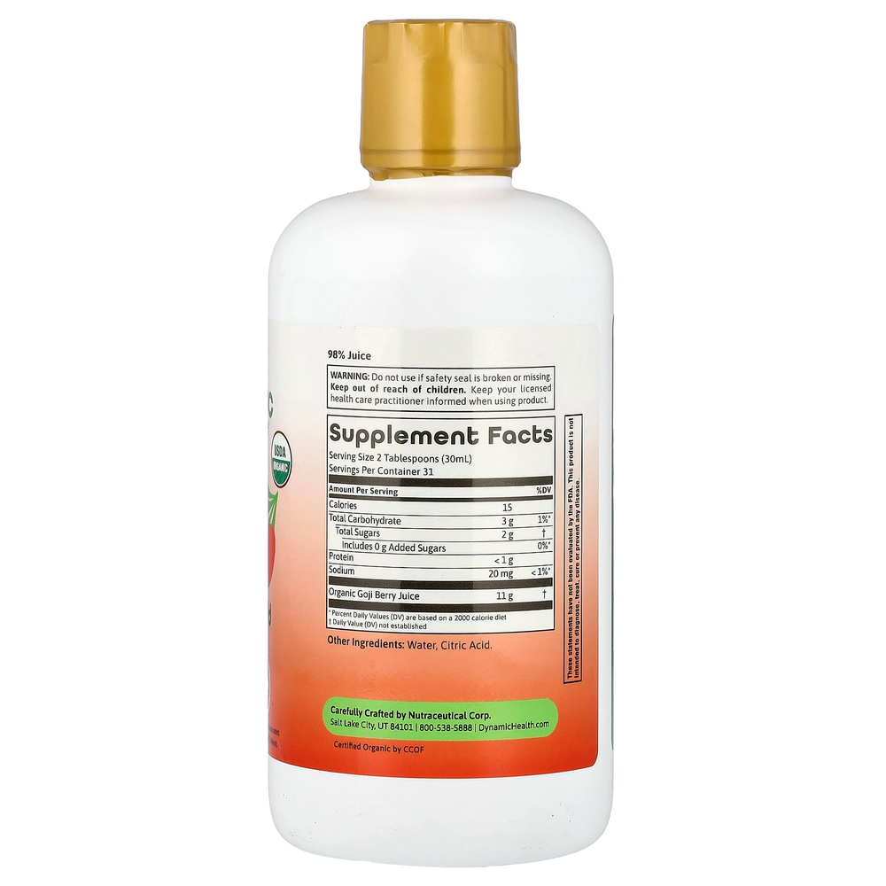Dynamic Health, Certified Organic Goji Gold, 100% сок, 946 мл (32 жидк. унц.)