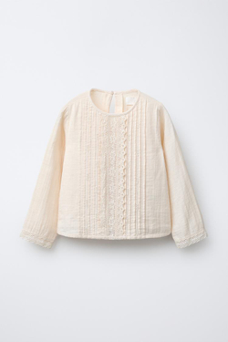 ZARA РУБАШКА С ВЫШИВКОЙ И БУСИНАМИ, ЭКРЮ