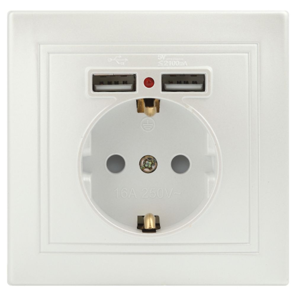 Розетка Intro Plano 1-410-06 с заземлением 2P+E Schuko со шторками, 16А-250В + 2хUSB 5В-2,1А, IP20, СУ, перламутр | Intro Plano