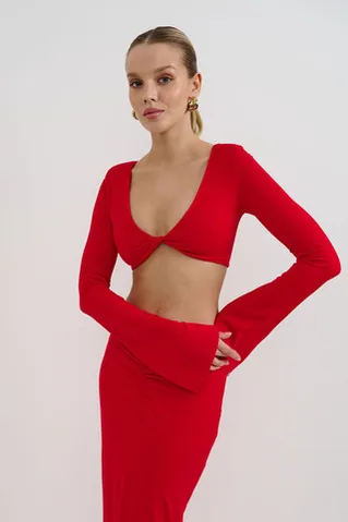 Лонгслив с рукавами клеш из вискозы красного цвета