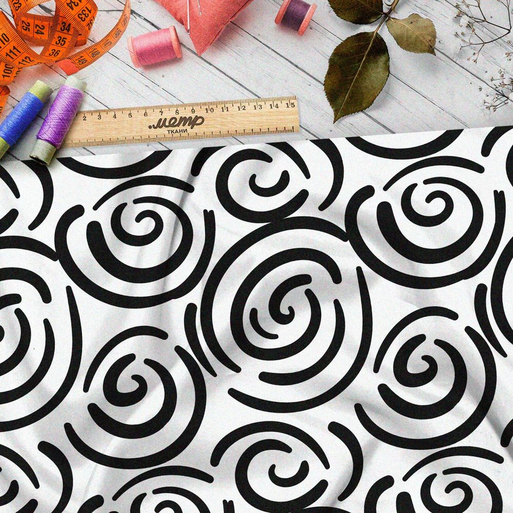 Ткань барби чёрные круговые узоры на бежевом фоне