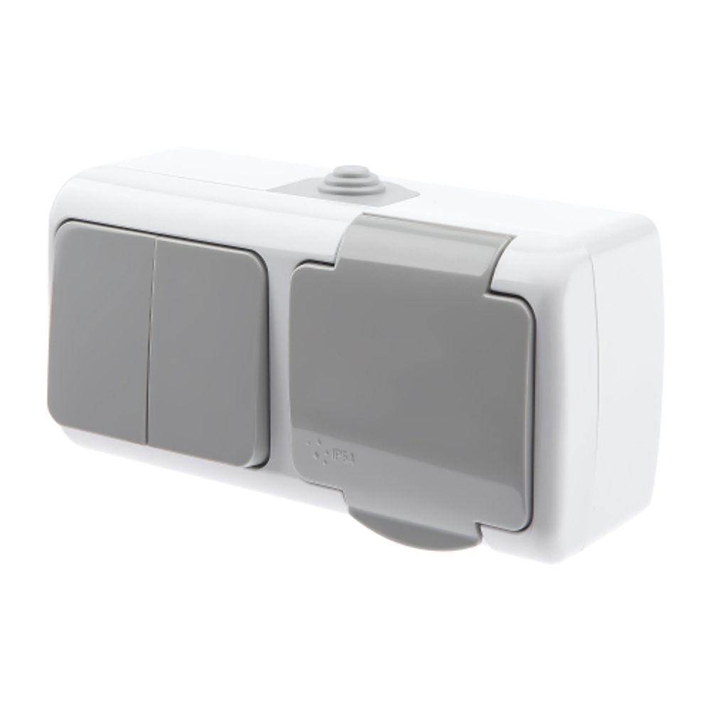 Блок розетка с выключателем Intro Atlantic 5-702-03 двойным 2P+E 10-16А-250В открытой установки гориз. IP54 серый | Intro