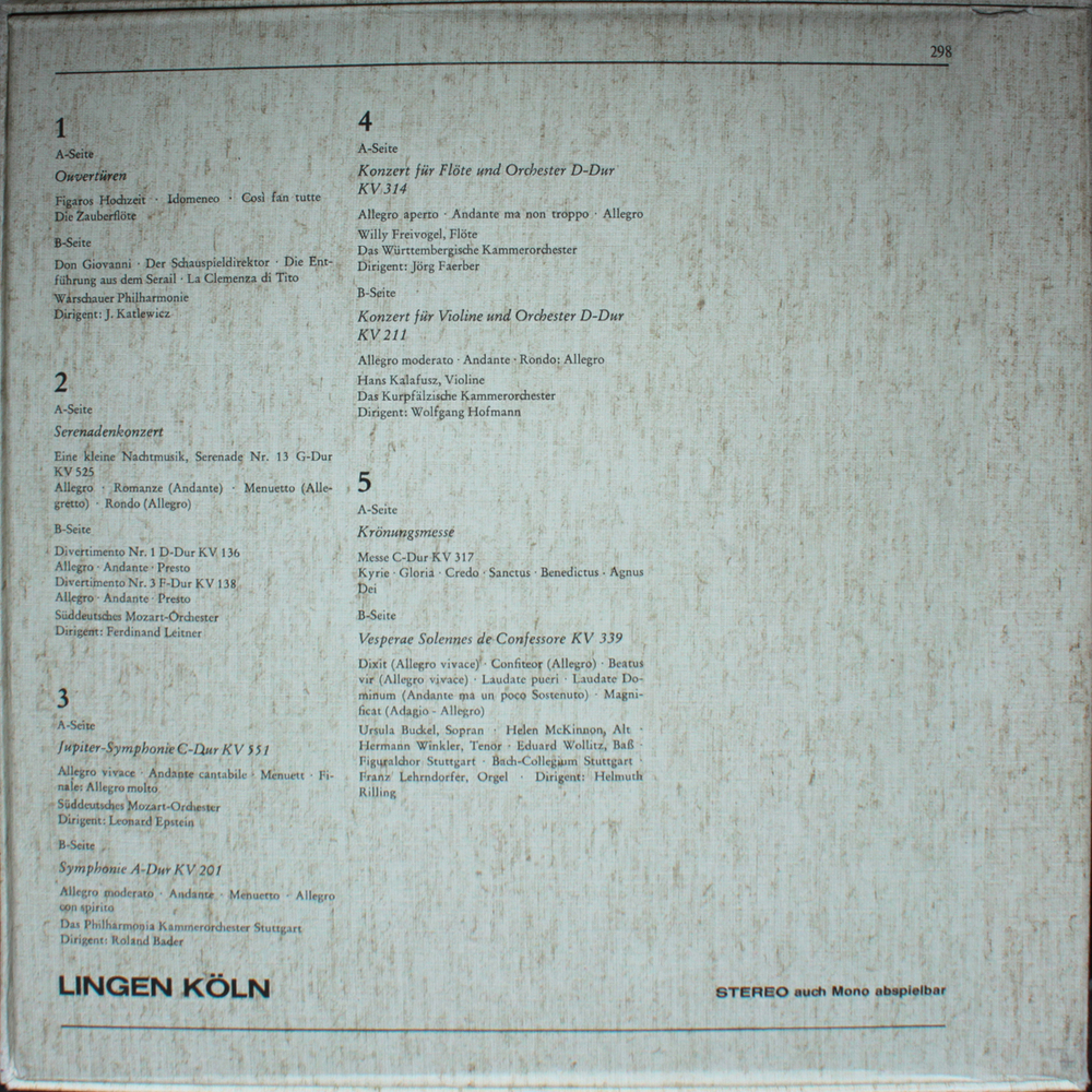 Wolfgang Amadeus Mozart / Ouverturen - Serenaden - Symphonien - Konzerte - Kronungsmesse (5LP)