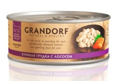 Влажный корм для кошек GRANDORF из куриной грудки с лососем, банка 70г