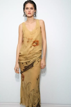 ZARA ПЛАТЬЕ С ПРИНТОМ — ZW COLLECTION, ЦВЕТ ОЛИВКОВОГО МАСЛА