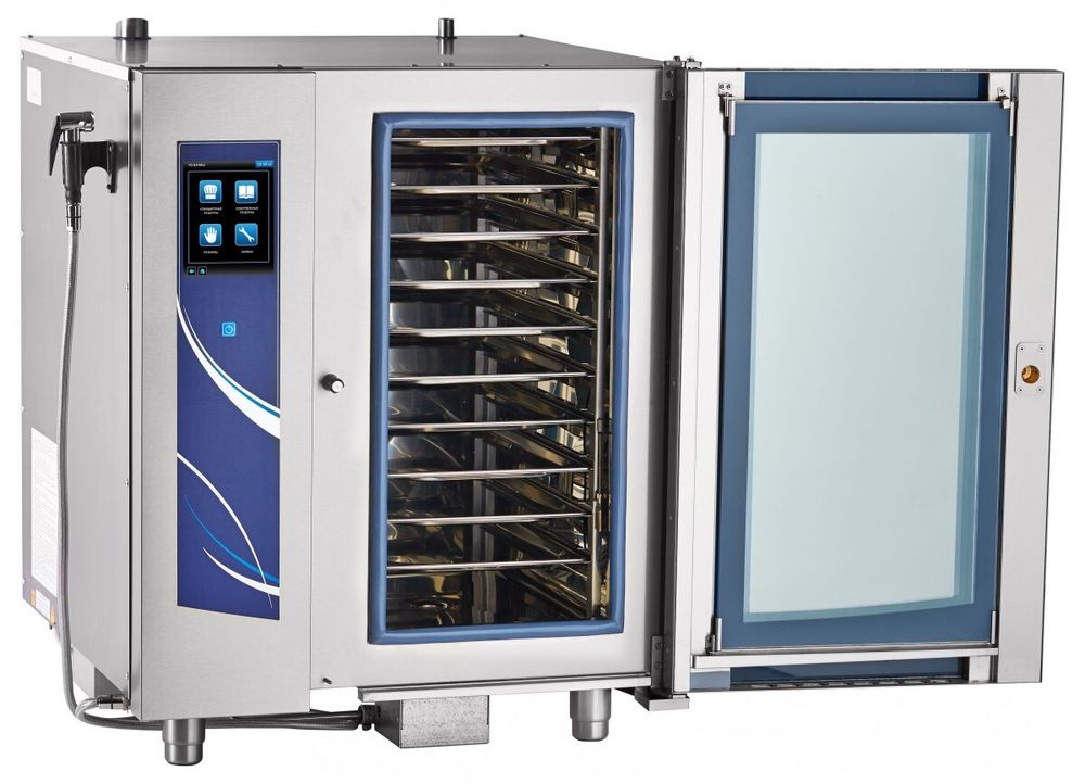 11000010402 Абат Пароконвектомат ПКА 10-1/1ВП2 (инжекционный, 10хGN1/1, 120 установленных + память на 360 доп. программ приготовления, автоматическая мойка, вся нерж, без г/емкостей, 3х-канальный щуп, ЖК экран, сенсорное управление, USB-порт)