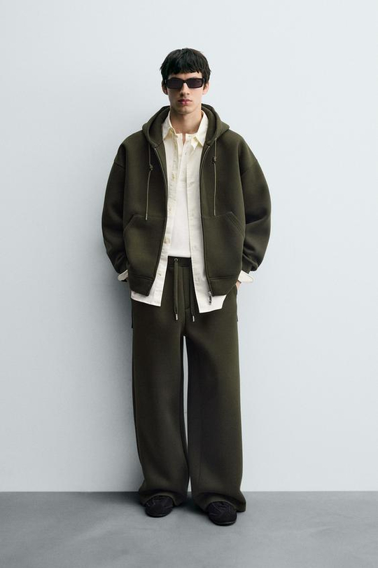 ZARA БРЮКИ INTERLOCK WIDE FIT, ТЕМНО-ЗЕЛЕНЫЙ