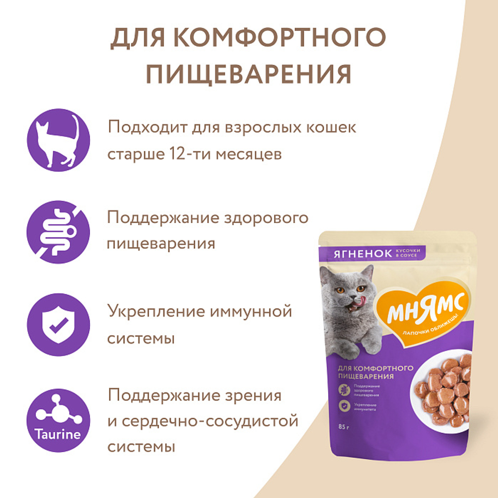 Влажный корм для комфортного пищеварения у кошек Мнямс на каждый день кусочки в соусе с ягненком 85г 24 шт