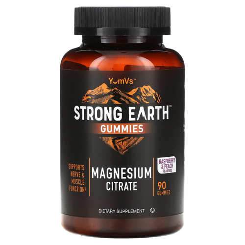 YumVs, Жевательные мармеладки Strong Earth, цитрат магния, малина и персик, 90 жевательных таблеток