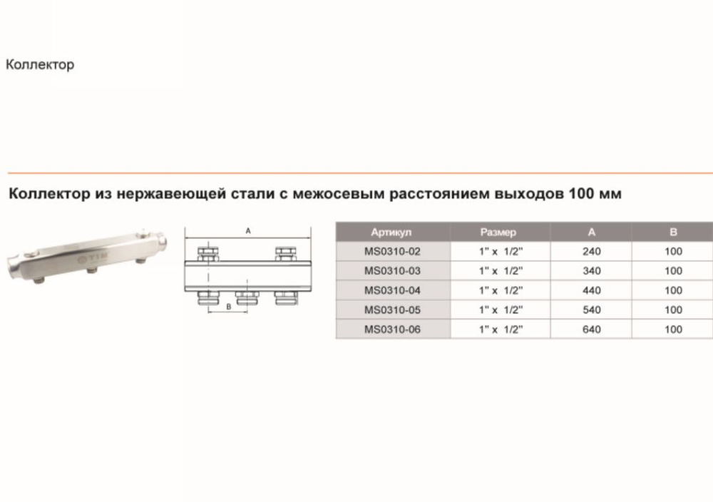 Коллектор c межосевым расстоянием 100мм 1х2-выхода нержавеющая сталь (MS0310-02) TIM