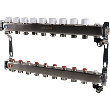 Коллектор Rommer 1"x3/4" на 9 контуров с запорными клапанами (нерж. сталь) RMS-3201-000009