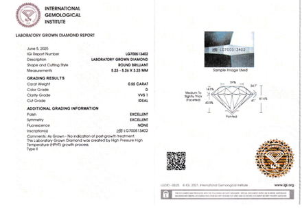 Лабораторно-выращенный бриллиант Кр-57 5.23-5.26 мм D/VVS1 0.55 ct