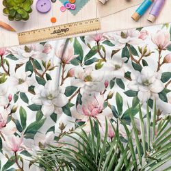 Ткань таффета пышные бело-розовые цветы