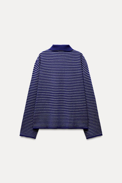 ZARA СВИТЕР В ПОЛОСКУ С ВОРОТНИКОМ ПОЛО, СИНИЙ/БЕЛЫЙ