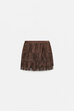 ZARA ЮБКА С БАХРОМОЙ И БЛЕСТЯЩИМ ЭФФЕКТОМ ЗАМШИ, КОРИЧНЕВЫЙ