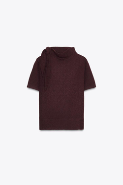 ZARA ТРИКОТАЖНЫЙ ТОП С ЗАВЯЗКАМИ, ГРАНАТОВЫЙ