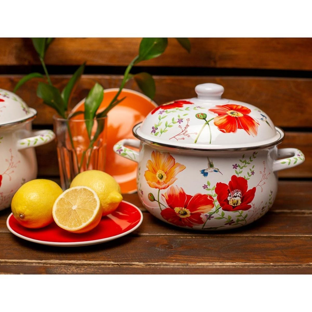 Кастрюля сталь, эмал, 5 л, с крыш, крышка сталь, Vetta, Букет, 894326, индукц